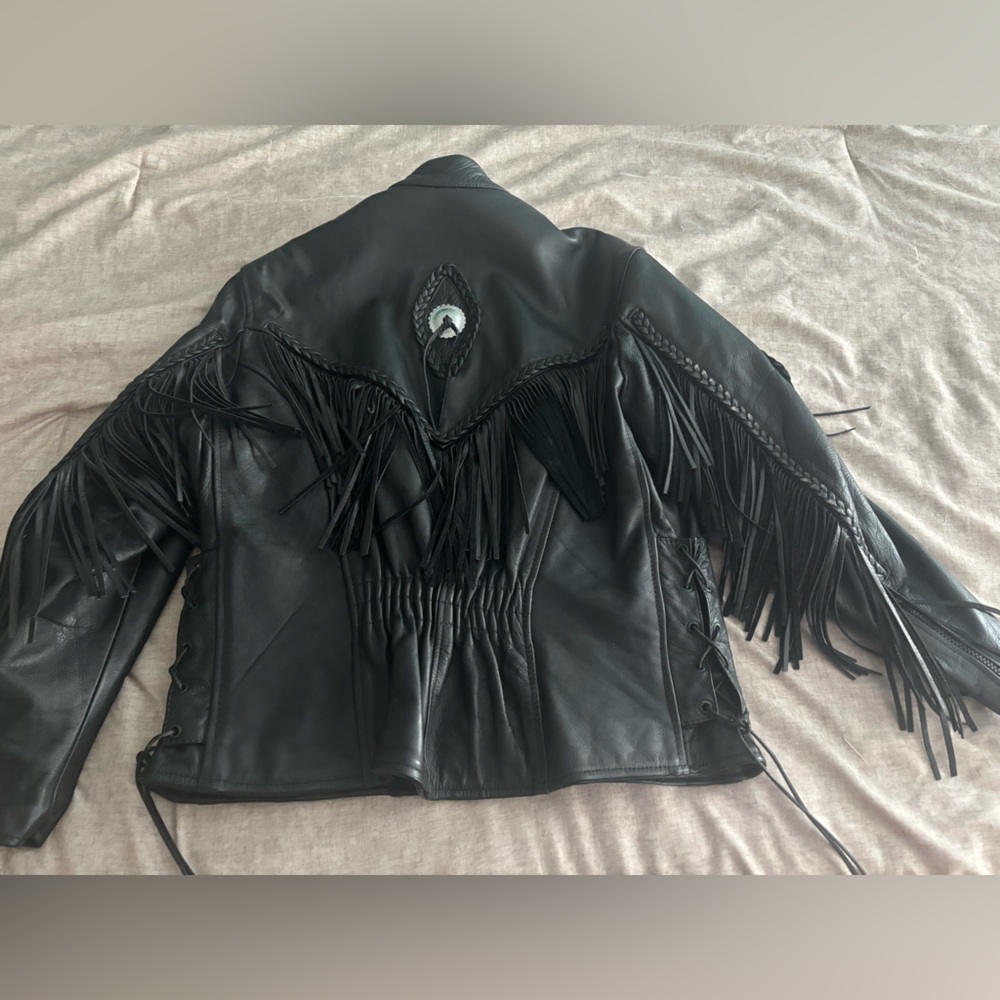 Black Leather Fringe Jacket - Picture 2 of 4